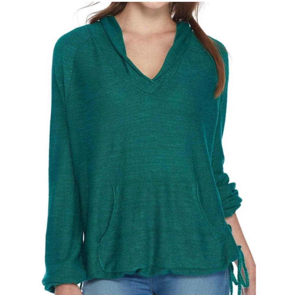Free People Optimistic Linen Hooded Sweater Teal Medium EUC